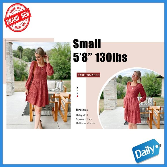 Long Sleeve Babydoll Sweater Dress Square Neck Flowy Tunic - Picture 7 of 8